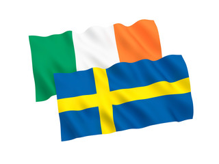 National fabric flags of Sweden and Ireland isolated on white background. 3d rendering illustration. 1 to 2 proportion.