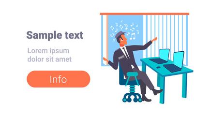 male security guard worker looking laptop screen listening music with headphones man in uniform sitting at workplace desk white background copy space full length flat horizontal