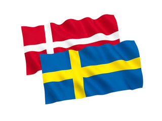 National fabric flags of Sweden and Denmark isolated on white background. 3d rendering illustration. 1 to 2 proportion.