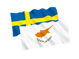 National fabric flags of Sweden and Cyprus isolated on white background. 3d rendering illustration. Proportion 1:2