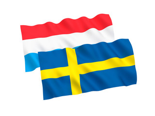 National fabric flags of Sweden and Luxembourg isolated on white background. 3d rendering illustration. Proportion 1:2