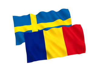 National fabric flags of Romania and Sweden isolated on white background. 3d rendering illustration. Proportion 1:2