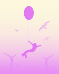 The young man in diver suit flying with party balloon