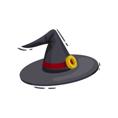 Witch hat with red ribbon on white background.