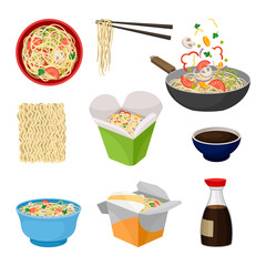 Noodles traditional oriental food. Vector flat illustration.