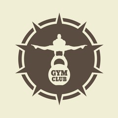 Muscular man posing. Bodybuilding coat of arms. Sporty style stamp