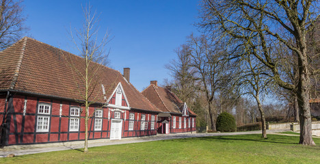 Panorama of historic red half timbered houses in Rheda-Wiedenbruck, Germany