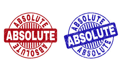 Grunge ABSOLUTE round stamp seals isolated on a white background. Round seals with grunge texture in red and blue colors. Vector rubber overlay of ABSOLUTE tag inside circle form with stripes.