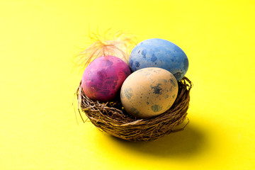 Colorful easter egg in the nest on yellow background with copy space. Easter background. Minimalism