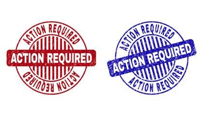 Grunge ACTION REQUIRED round stamp seals isolated on a white background. Round seals with distress texture in red and blue colors.