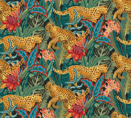 Vestor seamless pattern with jaguars, tropical leaves and flowers.
