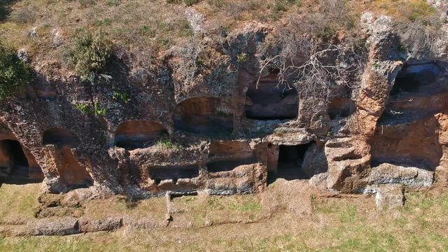 Remains of Etruscan tombs on the sides of road Amerina. Aerial View