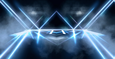 Tunnel in blue neon light, underground passage. Abstract blue background. Background of an empty black corridor with neon blue light. Abstract background with lines and glow, rays and symmetrical refl