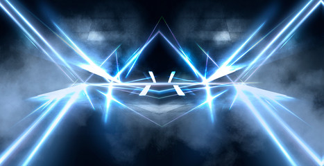 Tunnel in blue neon light, underground passage. Abstract blue background. Background of an empty black corridor with neon blue light. Abstract background with lines and glow, rays and symmetrical refl