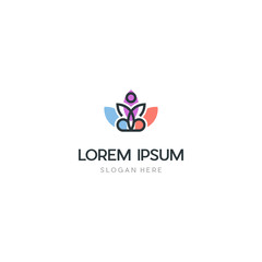 yoga logo design stock. human meditation in lotus flower vector illustration, Human Yoga With Lotus Logo Design Template.