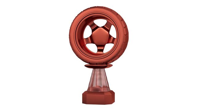 Front View of Sport Car Wheel Bronze Trophy in Infinite Rotation
