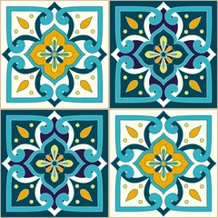 Stof per meter Portuguese tile pattern vector seamless with ornaments. Portugal azulejos, mexican talavera, italian majolica or spanish ceramic motifs. Design for wallpaper, kitchen wall or bathroom floor. © irinelle