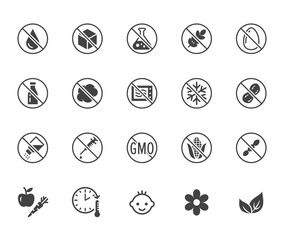 Natural food flat glyph icons set. Sugar, gluten free, no trans fats, salt, egg, nuts, vegan vector illustrations. Signs for packaging, expiration date. Solid silhouette pixel perfect 64x64
