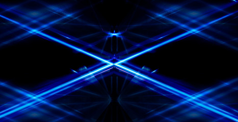 Tunnel in blue neon light, underground passage. Abstract blue background. Background of an empty black corridor with neon blue light. Abstract background with lines and glow, rays and symmetrical refl