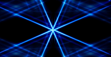 Tunnel in blue neon light, underground passage. Abstract blue background. Background of an empty black corridor with neon blue light. Abstract background with lines and glow, rays and symmetrical refl