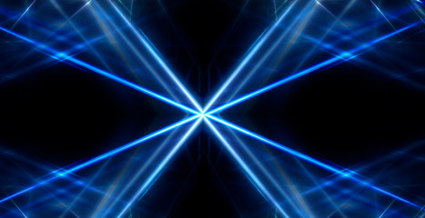 Tunnel in blue neon light, underground passage. Abstract blue background. Background of an empty black corridor with neon blue light. Abstract background with lines and glow, rays and symmetrical refl