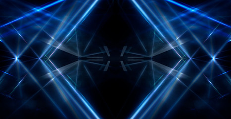 Tunnel in blue neon light, underground passage. Abstract blue background. Background of an empty black corridor with neon blue light. Abstract background with lines and glow, rays and symmetrical refl