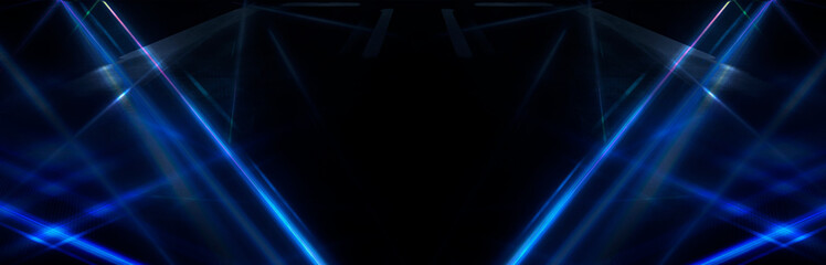 Tunnel in blue neon light, underground passage. Abstract blue background. Background of an empty black corridor with neon blue light. Abstract background with lines and glow, rays and symmetrical refl