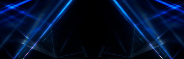 Tunnel in blue neon light, underground passage. Abstract blue background. Background of an empty...