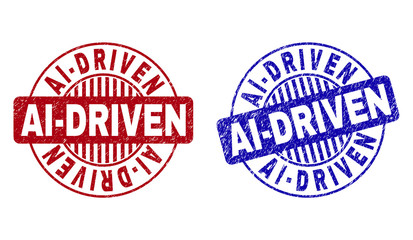 Grunge AI-DRIVEN round stamp seals isolated on a white background. Round seals with grunge texture in red and blue colors. Vector rubber imitation of AI-DRIVEN title inside circle form with stripes.