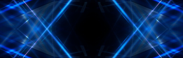 Tunnel in blue neon light, underground passage. Abstract blue background. Background of an empty black corridor with neon blue light. Abstract background with lines and glow, rays and symmetrical refl