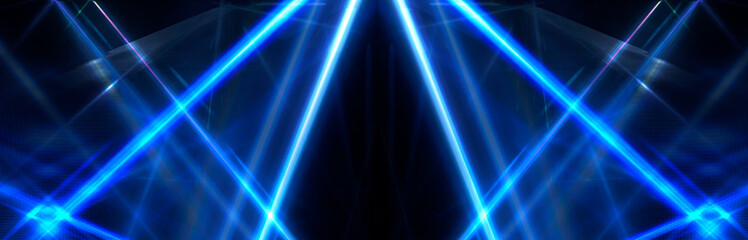 Tunnel in blue neon light, underground passage. Abstract blue background. Background of an empty...