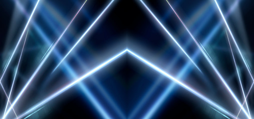 Tunnel in blue neon light, underground passage. Abstract blue background. Background of an empty black corridor with neon blue light. Abstract background with lines and glow, rays and symmetrical refl