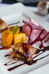 Chocolate crape with caramelized bananas and ice cream