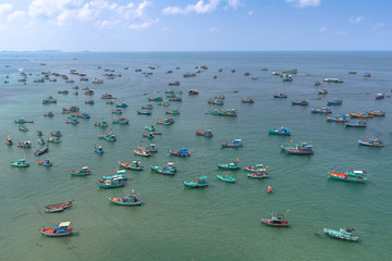 Seascape with fishing boats. View from above.