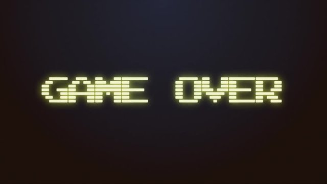 A videogame ending screen, saying Game over -  Insert coin. 8-bit retro style. Treated as it's from an old VHS cassette tape.