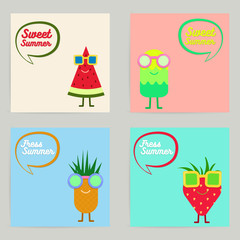 Vector Set of Tropical Summer Fruit Character Card Collection.  Summer sale background for poster, flyer,  brochure, voucher, banner, invitation card, backdrop and various.