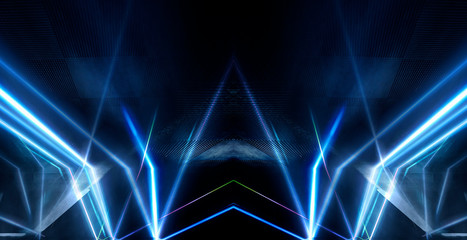 Tunnel in blue neon light, underground passage. Abstract blue background. Background of an empty black corridor with neon blue light. Abstract background with lines and glow, rays and symmetrical refl