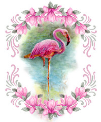 Hand drawn painting watercolor pencils and paints pink magnolia flowers frame and flamingo isolated on white background