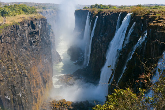 View of Victoria Falls from the ground. Mosi-oa-Tunya National park. and World Heritage Site. Africa.  Zambiya. Zimbabwe.