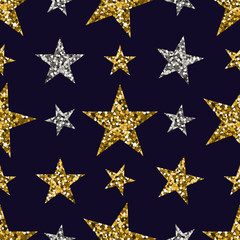 Gold and silver stars on blue background.