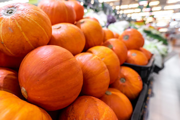 Pumpkin background. Many pumpkins on a local organic food market on Bali island, Indonesia.