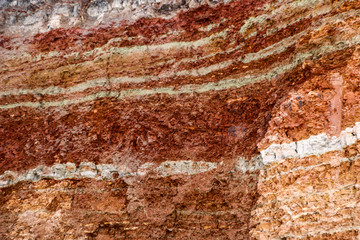  texture of different layers of clay underground in  clay quarry after geological study of soil.