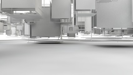 3D illustration of a set of cubes broken up into elements, squares, strips, edges. 3D rendering of abstract background, surrealism in the composition of many geometrically correct elements.