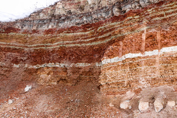  texture of different layers of clay underground in  clay quarry after geological study of soil.