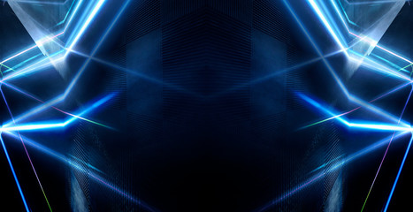 Tunnel in blue neon light, underground passage. Abstract blue background. Background of an empty black corridor with neon blue light. Abstract background with lines and glow, rays and symmetrical refl