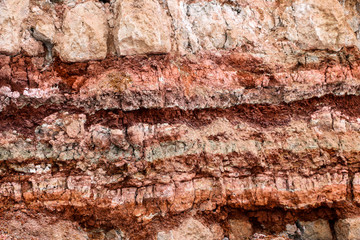  texture of different layers of clay underground in  clay quarry after geological study of soil.
