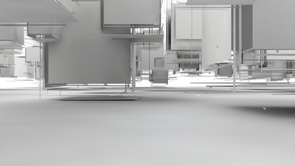 3D illustration of a set of cubes broken up into elements, squares, strips, edges. 3D rendering of abstract background, surrealism in the composition of many geometrically correct elements.