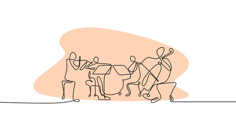 continuous line drawing of jazz classical music concert performance on the stage. © ngupakarti