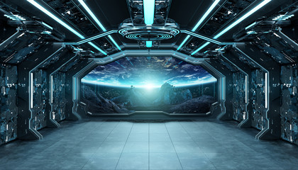 Dark blue spaceship futuristic interior with window view on space and planets 3d rendering © sdecoret