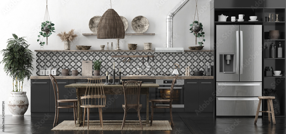 Wall mural Ethnic kitchen interior, panoramic view, 3d render